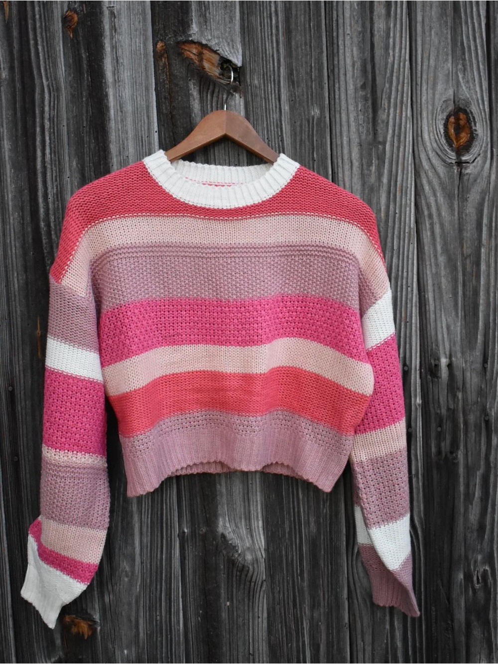 Pink White Color Block Striped Cropped Sweater